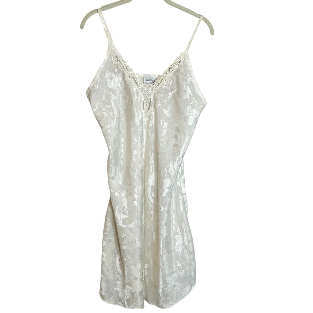 Vintage Kathryn Satin Slip Nightie Medium Ivory Floral Short Fairy Whimsigoth